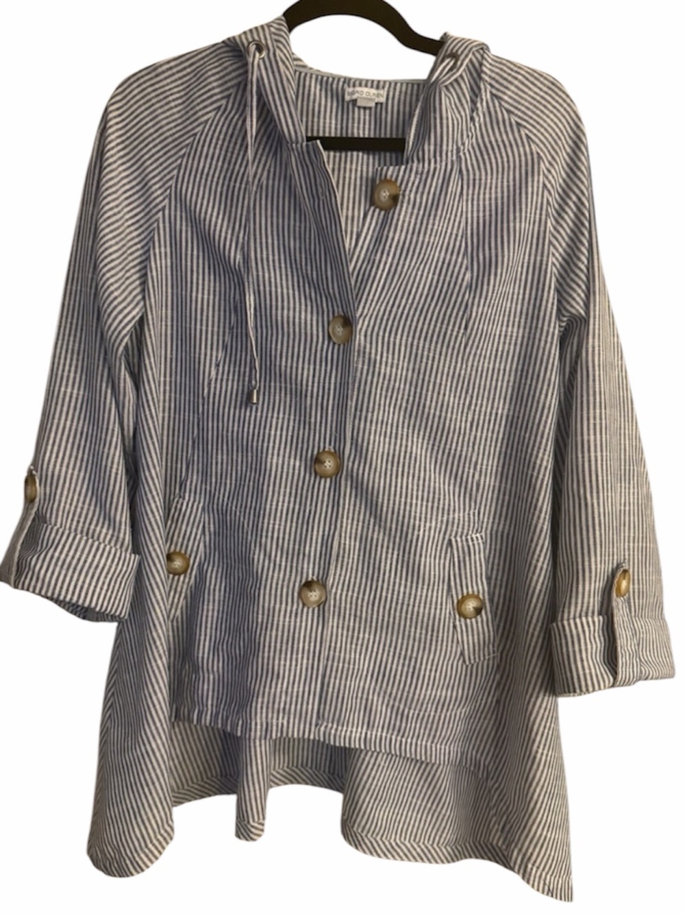 Sigrid Olsen Blue and White Striped Hooded Seersucker Jacket Size M Cotton-Linen